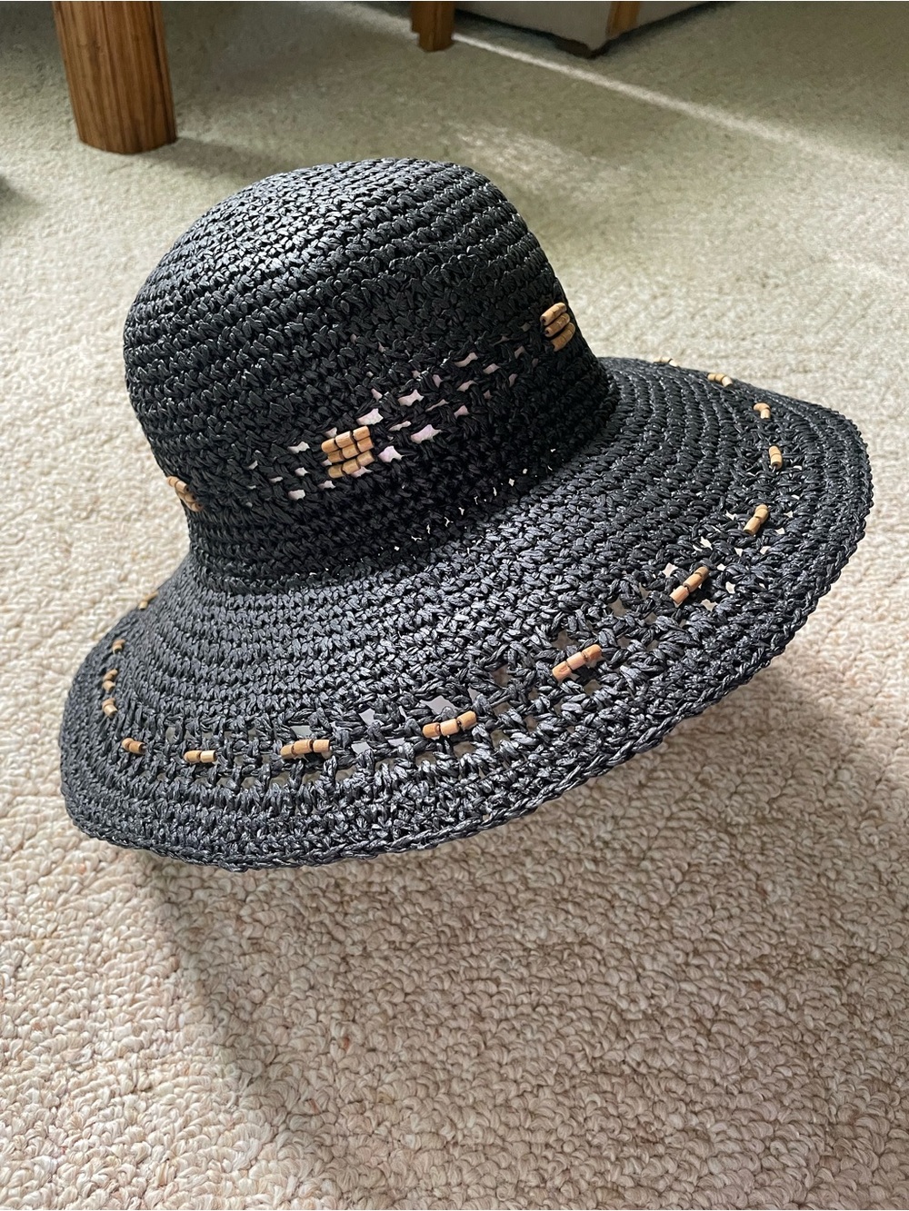 Women’s Black Crochet Sun Hat with Wooden Bead Accents